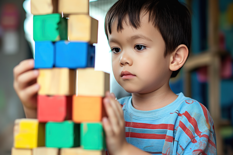 ai generated, young boy, puzzle, autism, autism awareness, building blocks, colorful, wooden blocks, tower, concentration, indoor activity, playtime, hand-eye coordination, cognitive development, focused, educational toys, learning, preschooler, enjoyment, skill building, patience, preschool activity, developmental toys, balancing, stripes, montessori, autism, autism, autism, autism, autism, montessori