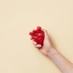 A realistic red anatomical heart model held firmly in a hand against a beige background.